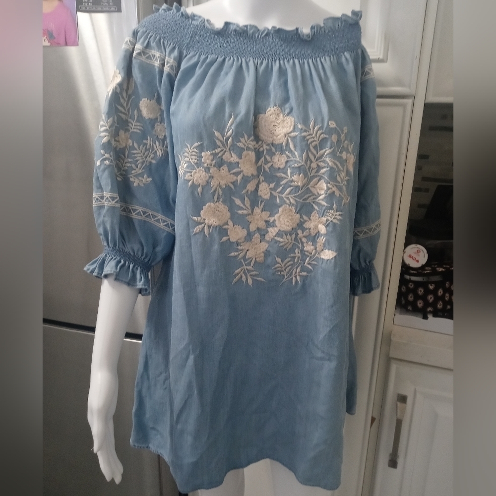Zara Woman Premium Denim Off the Shoulder 1/2 Sleeve Emb. Floral Mini Dress